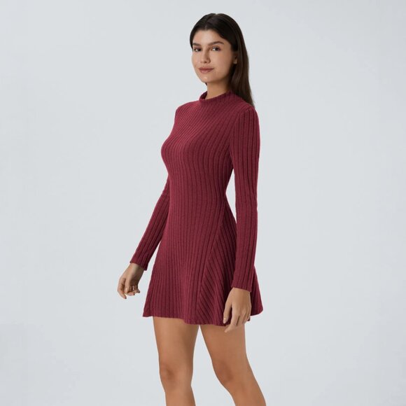 HALARA Ribbed Knit Mock Neck / Stand Collar A-Line Long Sleeve Mini Dress NWT - Picture 5 of 14